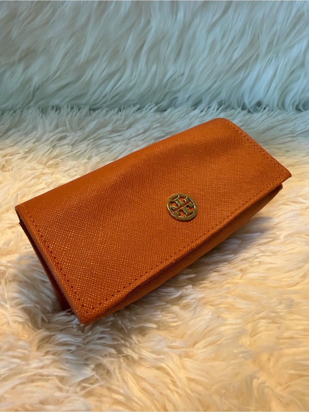 Tory Burch Sunglasses Case Orange Saffiano Leather with Gold Logo